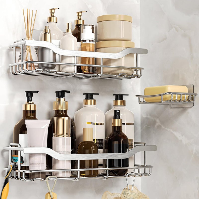OMAIRA 3-Pack Shower Caddy with Soap Holder, Adhesive Rustproof No-drill Strudy Loading Inside Shower Organizer Shelves Rack Storage Bathroom Organization for Smooth Wall Glass Tile, Silver (X-Large) - Image 2